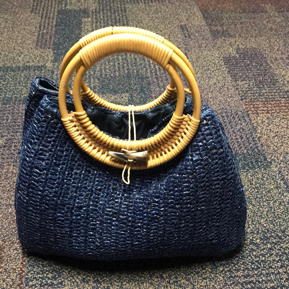 Coldwater Creek Woven Plastic Navy Tote with Natural Rattan Handles